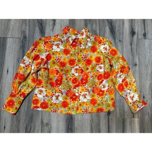 Vintage 70s Floral Button-Up Shirt Long Sleeve Bright Retro Disco Style Ski Shir